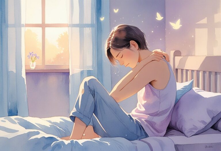 Pessoa sentada na beira da cama ao amanhecer, segurando o ombro com expressão de desconforto, com luz suave entrando pela janela e formas etéreas ao redor que sugerem uma conexão espiritual.