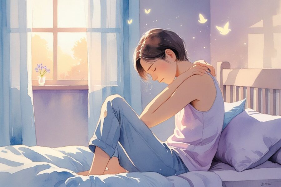 Pessoa sentada na beira da cama ao amanhecer, segurando o ombro com expressão de desconforto, com luz suave entrando pela janela e formas etéreas ao redor que sugerem uma conexão espiritual.