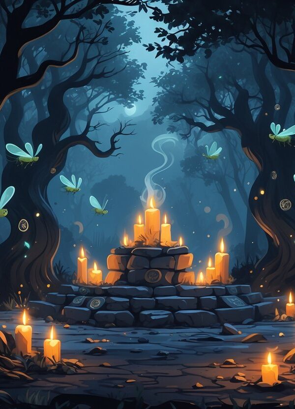 Floresta sombria com pequenas criaturas voadoras ao redor de árvores antigas e um altar ritualístico com velas acesas e símbolos místicos.