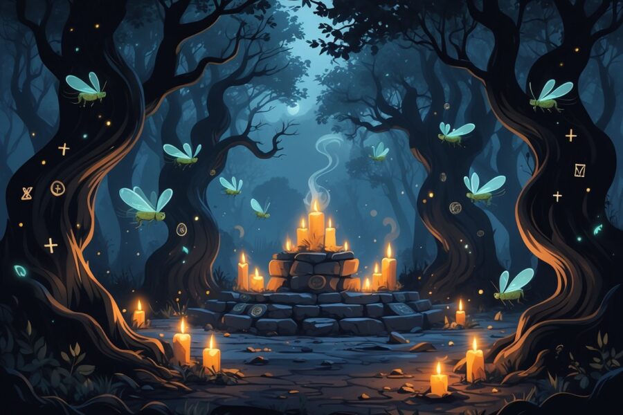 Floresta sombria com pequenas criaturas voadoras ao redor de árvores antigas e um altar ritualístico com velas acesas e símbolos místicos.