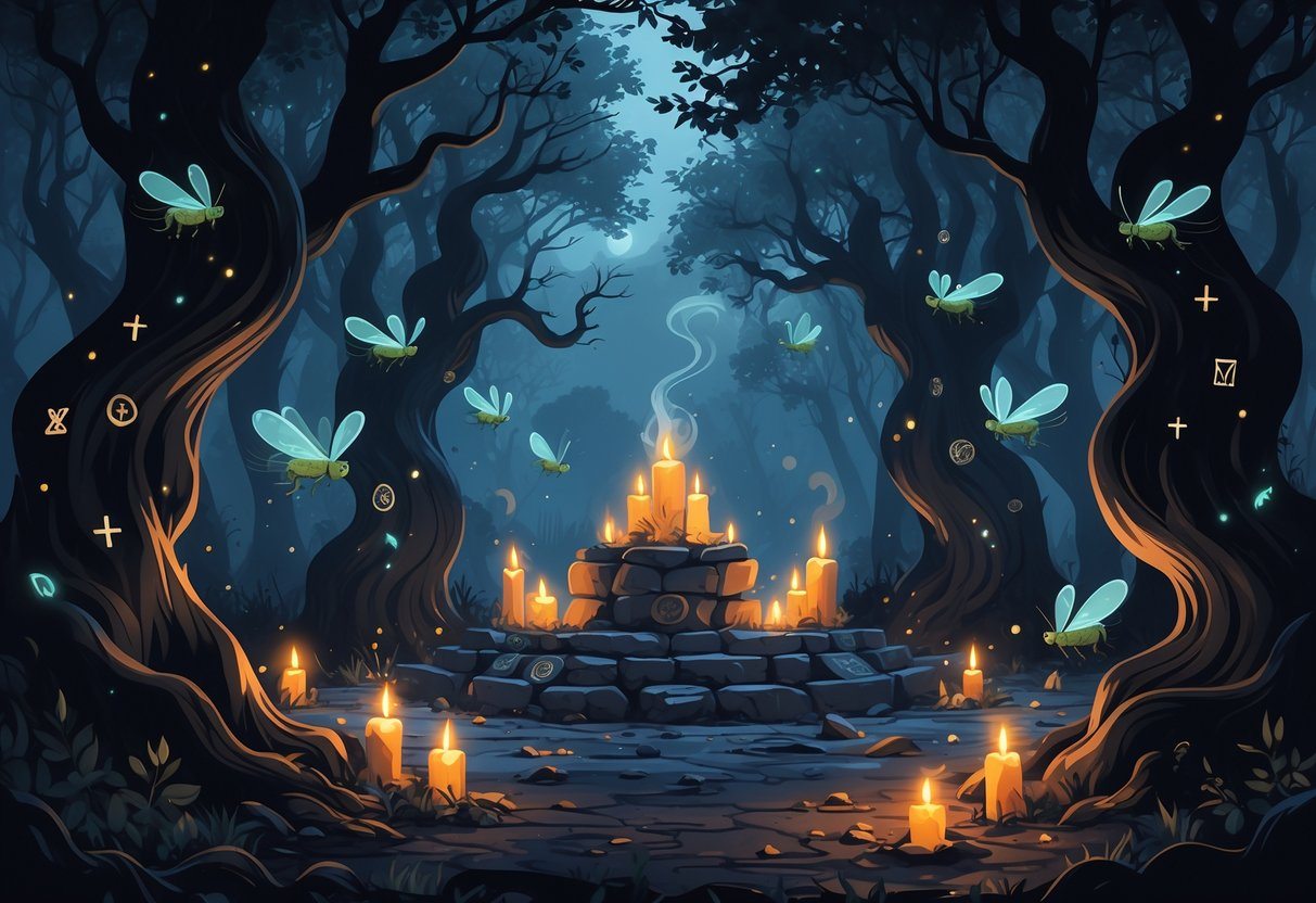 Floresta sombria com pequenas criaturas voadoras ao redor de árvores antigas e um altar ritualístico com velas acesas e símbolos místicos.