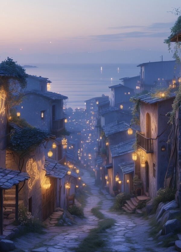 Vista de um bairro pobre de João Pessoa com casas simples e ruas estreitas, iluminadas por uma luz suave e com uma atmosfera tranquila e misteriosa.