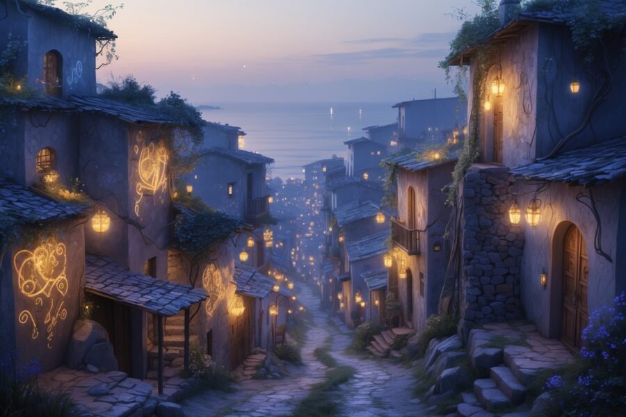 Vista de um bairro pobre de João Pessoa com casas simples e ruas estreitas, iluminadas por uma luz suave e com uma atmosfera tranquila e misteriosa.