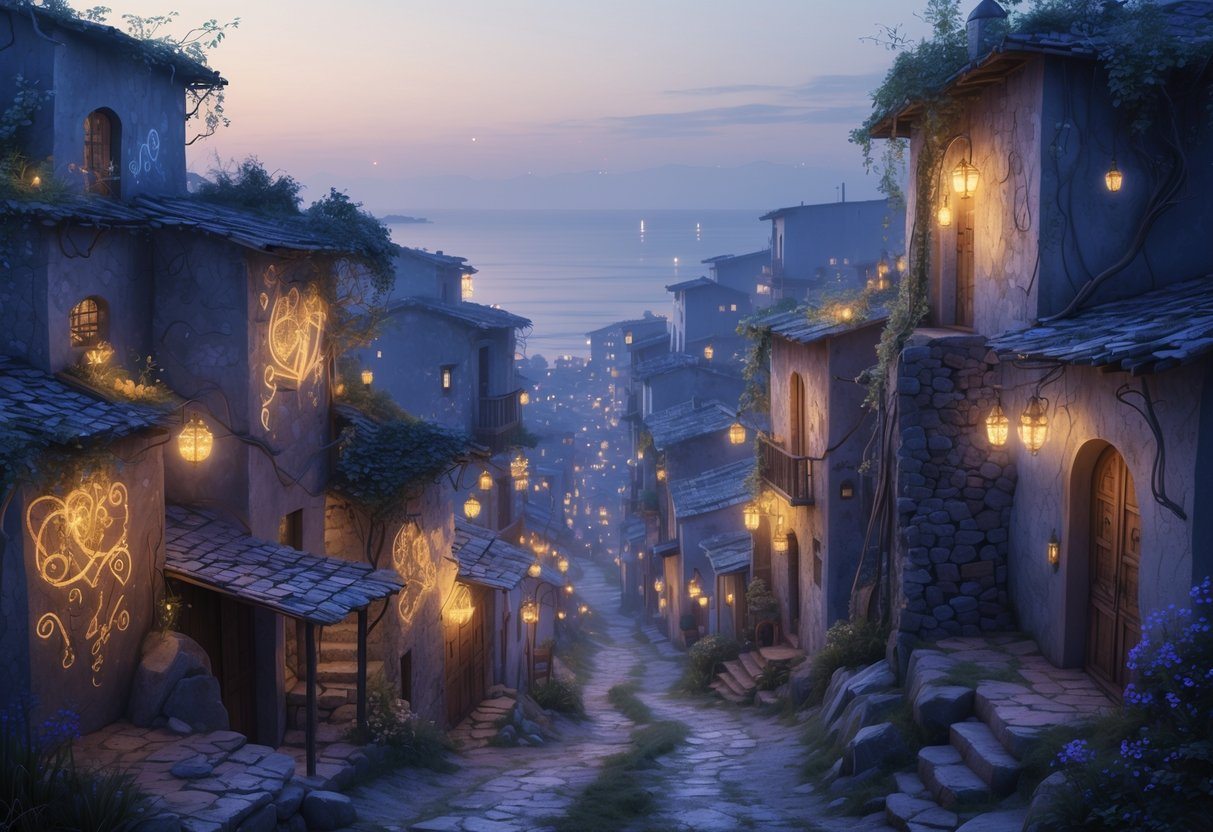 Vista de um bairro pobre de João Pessoa com casas simples e ruas estreitas, iluminadas por uma luz suave e com uma atmosfera tranquila e misteriosa.