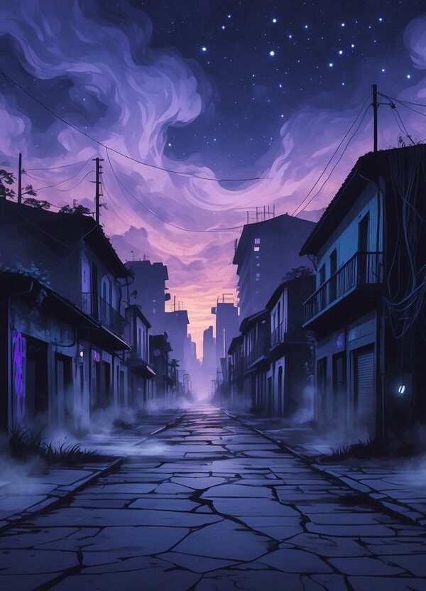 Uma cena urbana sombria e misteriosa mostrando ruas estreitas e prédios deteriorados de bairros perigosos de Campinas, com névoa e luzes fantasmagóricas iluminando o cenário.