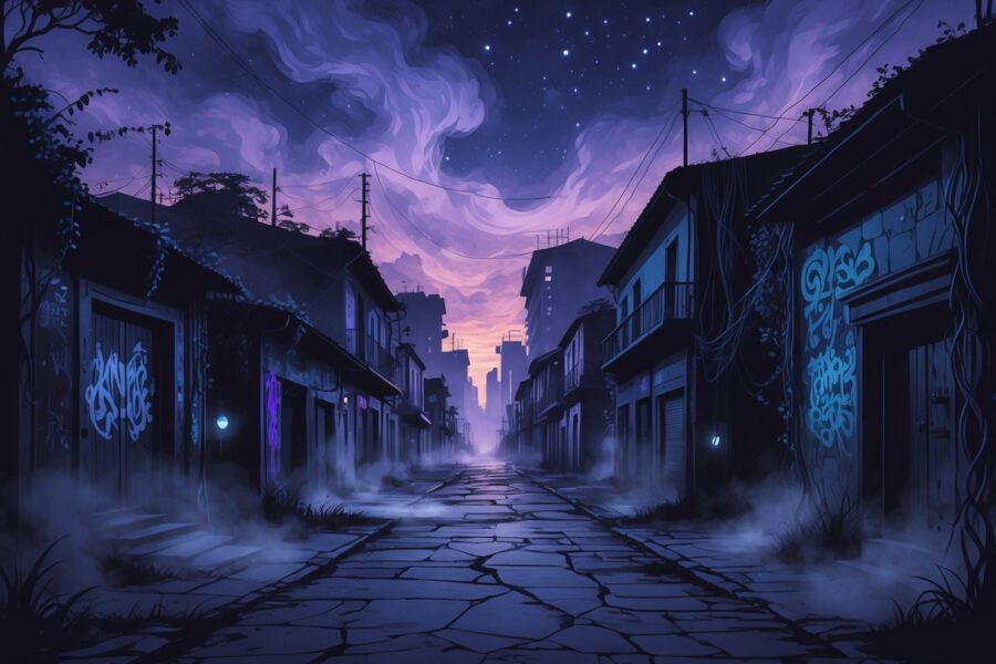 Uma cena urbana sombria e misteriosa mostrando ruas estreitas e prédios deteriorados de bairros perigosos de Campinas, com névoa e luzes fantasmagóricas iluminando o cenário.