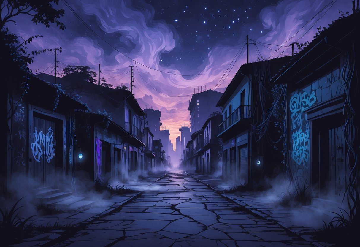 Uma cena urbana sombria e misteriosa mostrando ruas estreitas e prédios deteriorados de bairros perigosos de Campinas, com névoa e luzes fantasmagóricas iluminando o cenário.