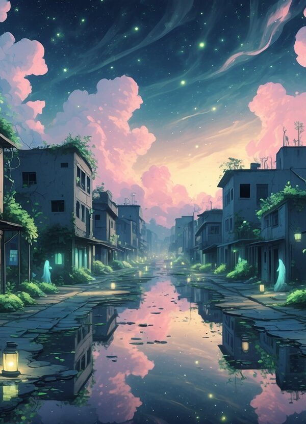 Uma paisagem urbana mostrando um bairro pobre e degradado com prédios danificados, ruas estreitas e vegetação crescendo entre as construções, iluminada por plantas brilhantes e luz suave ao entardecer.