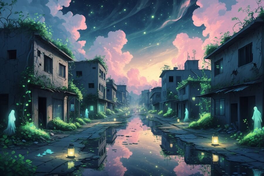 Uma paisagem urbana mostrando um bairro pobre e degradado com prédios danificados, ruas estreitas e vegetação crescendo entre as construções, iluminada por plantas brilhantes e luz suave ao entardecer.