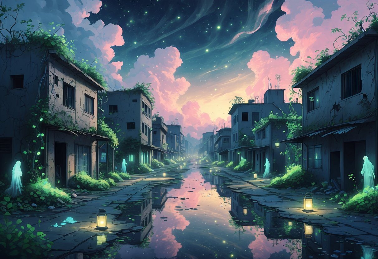 Uma paisagem urbana mostrando um bairro pobre e degradado com prédios danificados, ruas estreitas e vegetação crescendo entre as construções, iluminada por plantas brilhantes e luz suave ao entardecer.