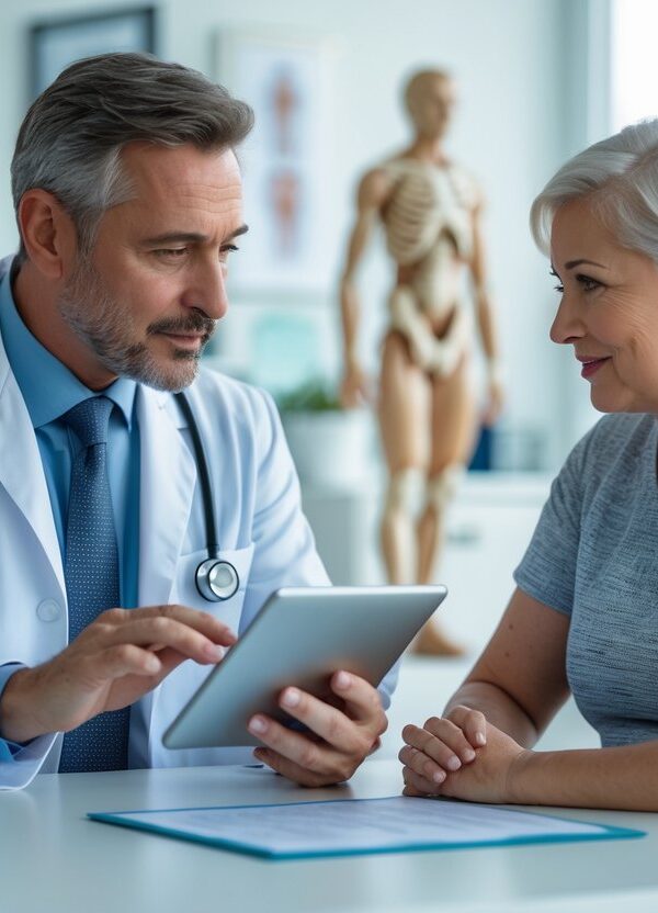Um médico consultando um adulto com nanismo em um consultório moderno, ambos conversando de forma atenta e respeitosa.
