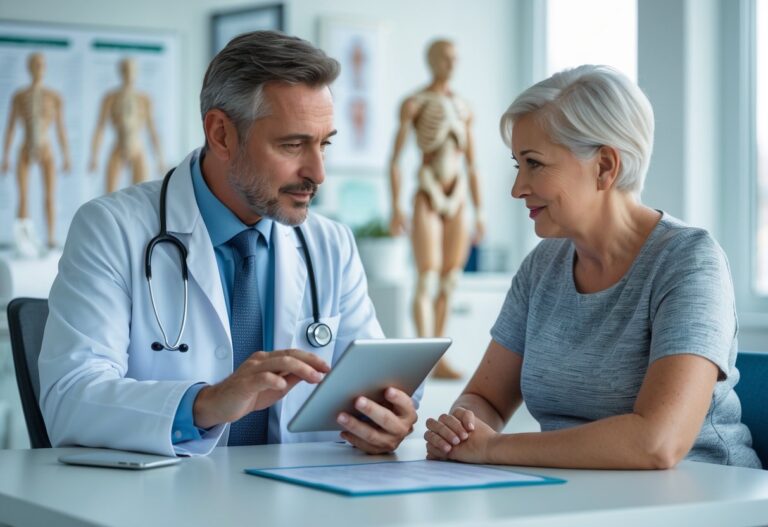 Um médico consultando um adulto com nanismo em um consultório moderno, ambos conversando de forma atenta e respeitosa.