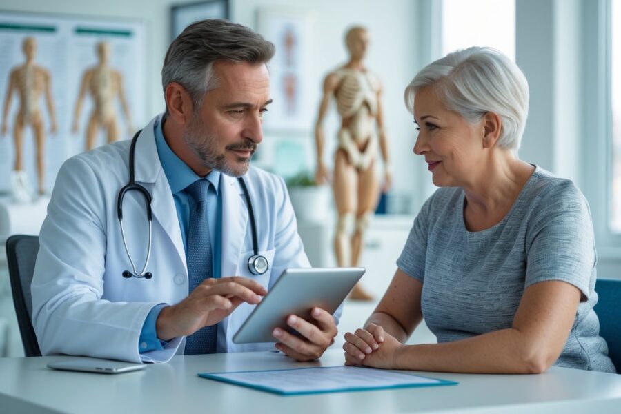 Um médico consultando um adulto com nanismo em um consultório moderno, ambos conversando de forma atenta e respeitosa.
