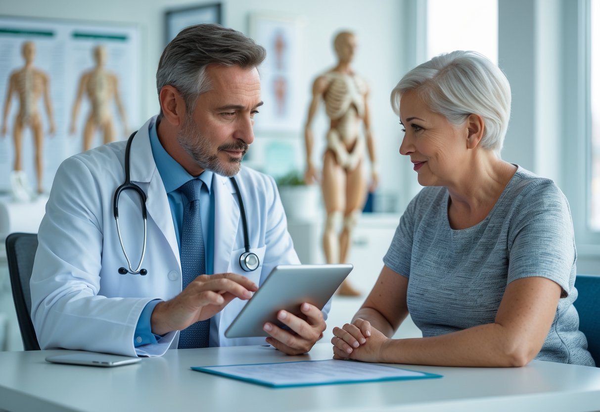 Um médico consultando um adulto com nanismo em um consultório moderno, ambos conversando de forma atenta e respeitosa.