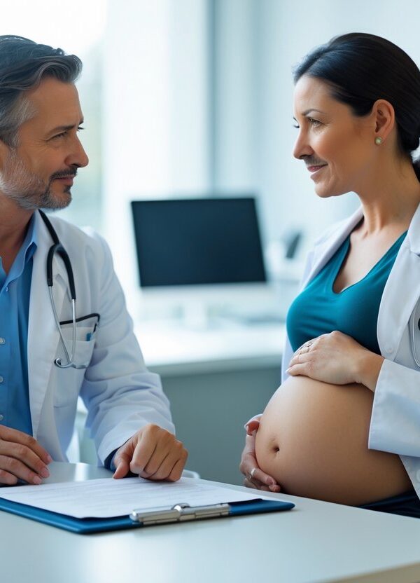 Mulher grávida conversando com um médico em um consultório médico moderno.