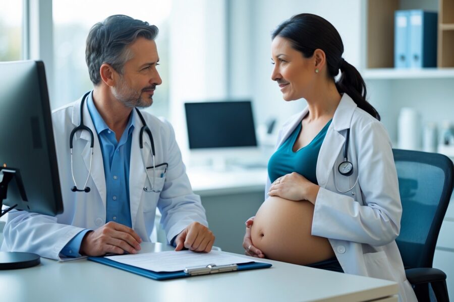 Mulher grávida conversando com um médico em um consultório médico moderno.