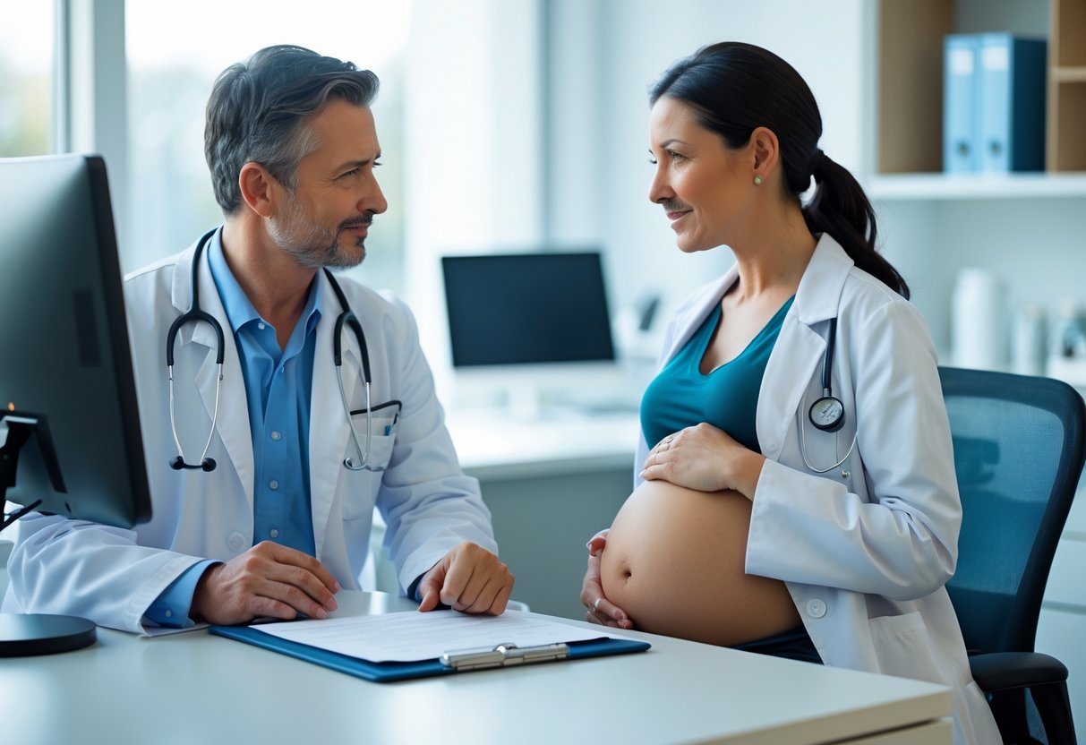 Mulher grávida conversando com um médico em um consultório médico moderno.