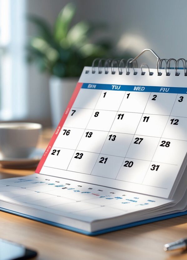 Calendário de mesa mostrando todos os domingos do ano destacados, com itens de escritório ao redor em uma mesa de madeira.