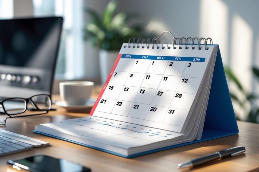 Calendário de mesa mostrando todos os domingos do ano destacados, com itens de escritório ao redor em uma mesa de madeira.