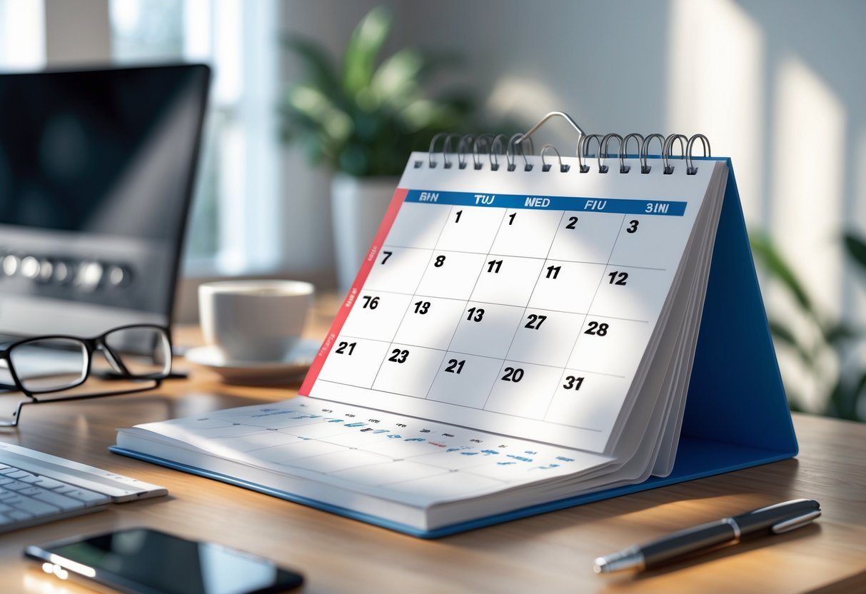 Calendário de mesa mostrando todos os domingos do ano destacados, com itens de escritório ao redor em uma mesa de madeira.