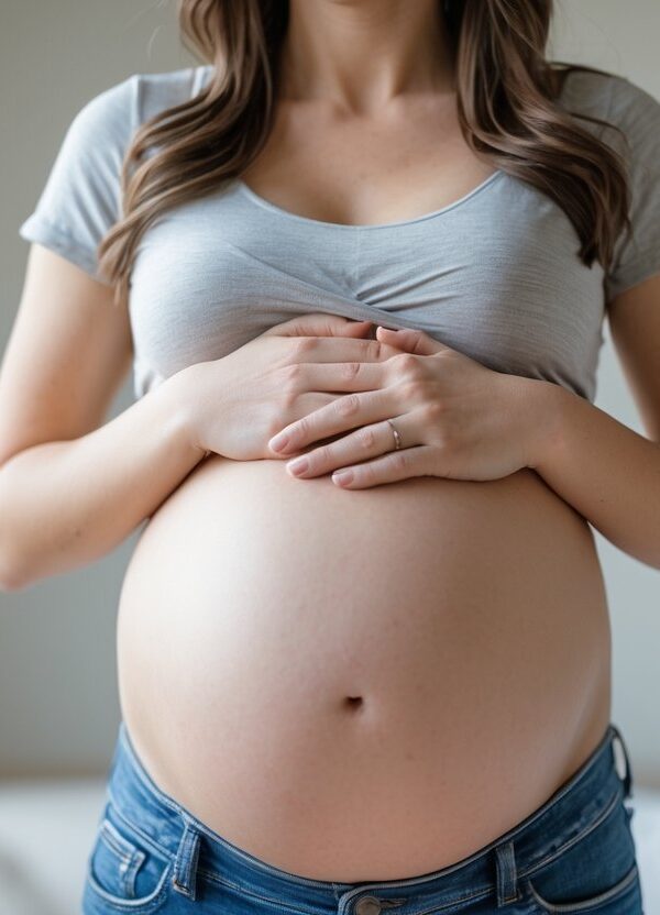 Mulher grávida mostrando a barriga acima do umbigo, em um ambiente claro e tranquilo.
