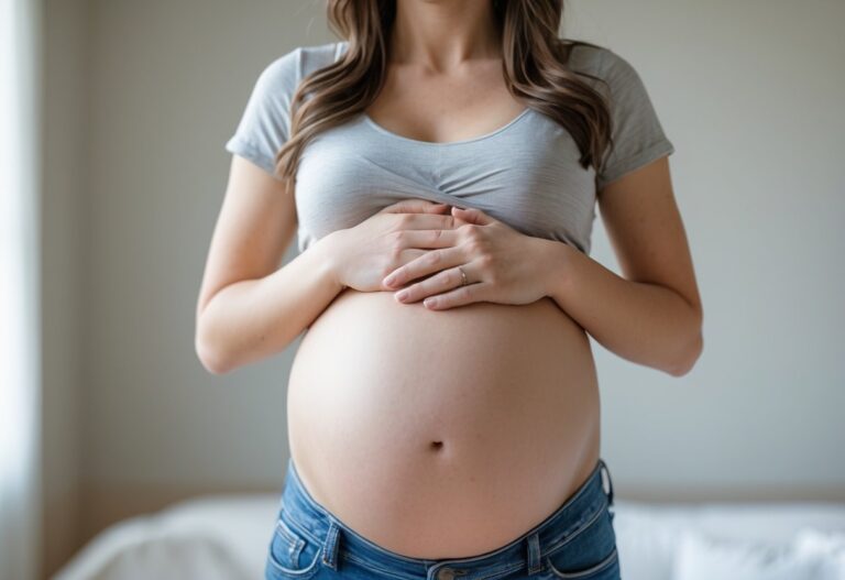 Mulher grávida mostrando a barriga acima do umbigo, em um ambiente claro e tranquilo.