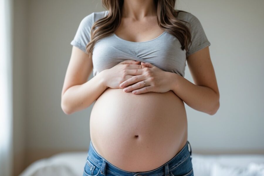 Mulher grávida mostrando a barriga acima do umbigo, em um ambiente claro e tranquilo.