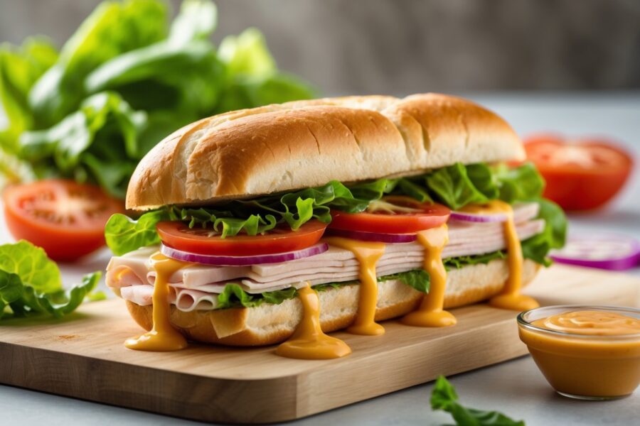Sanduíche fresco com molho cremoso, alface, tomate, queijo e peru em pão sub, sobre tábua de madeira com ingredientes frescos ao lado.