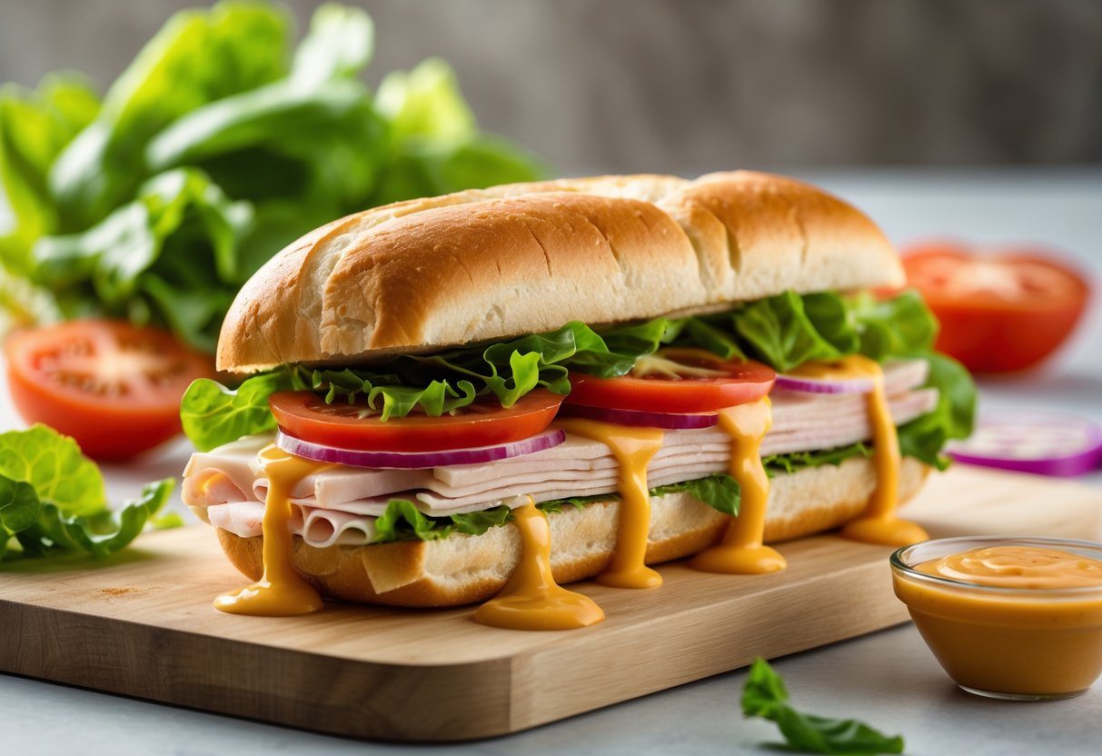 Sanduíche fresco com molho cremoso, alface, tomate, queijo e peru em pão sub, sobre tábua de madeira com ingredientes frescos ao lado.