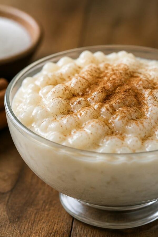 Uma tigela de arroz doce com canela polvilhada, sobre uma mesa de madeira, com ingredientes ao fundo.