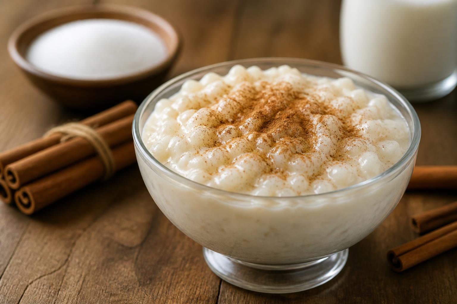 Uma tigela de arroz doce com canela polvilhada, sobre uma mesa de madeira, com ingredientes ao fundo.