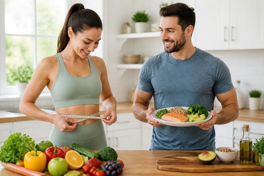Duas pessoas em uma cozinha iluminada, uma medindo a cintura com fita métrica e outra segurando um prato de comida saudável.