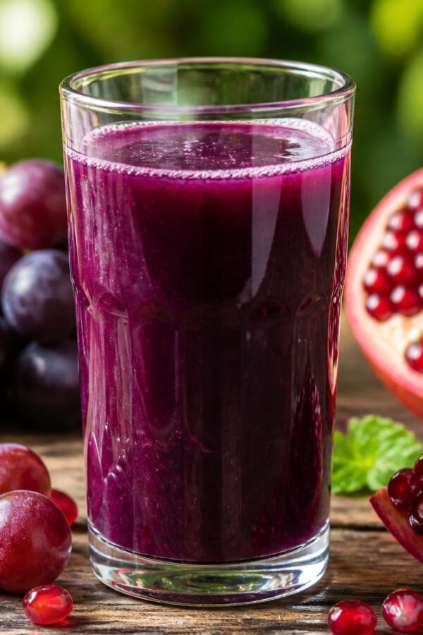 Copo de suco roxo com uvas e sementes de romã ao redor sobre uma mesa de madeira.