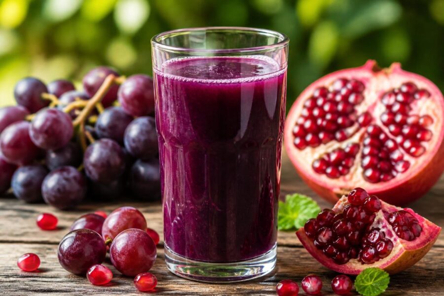 Copo de suco roxo com uvas e sementes de romã ao redor sobre uma mesa de madeira.