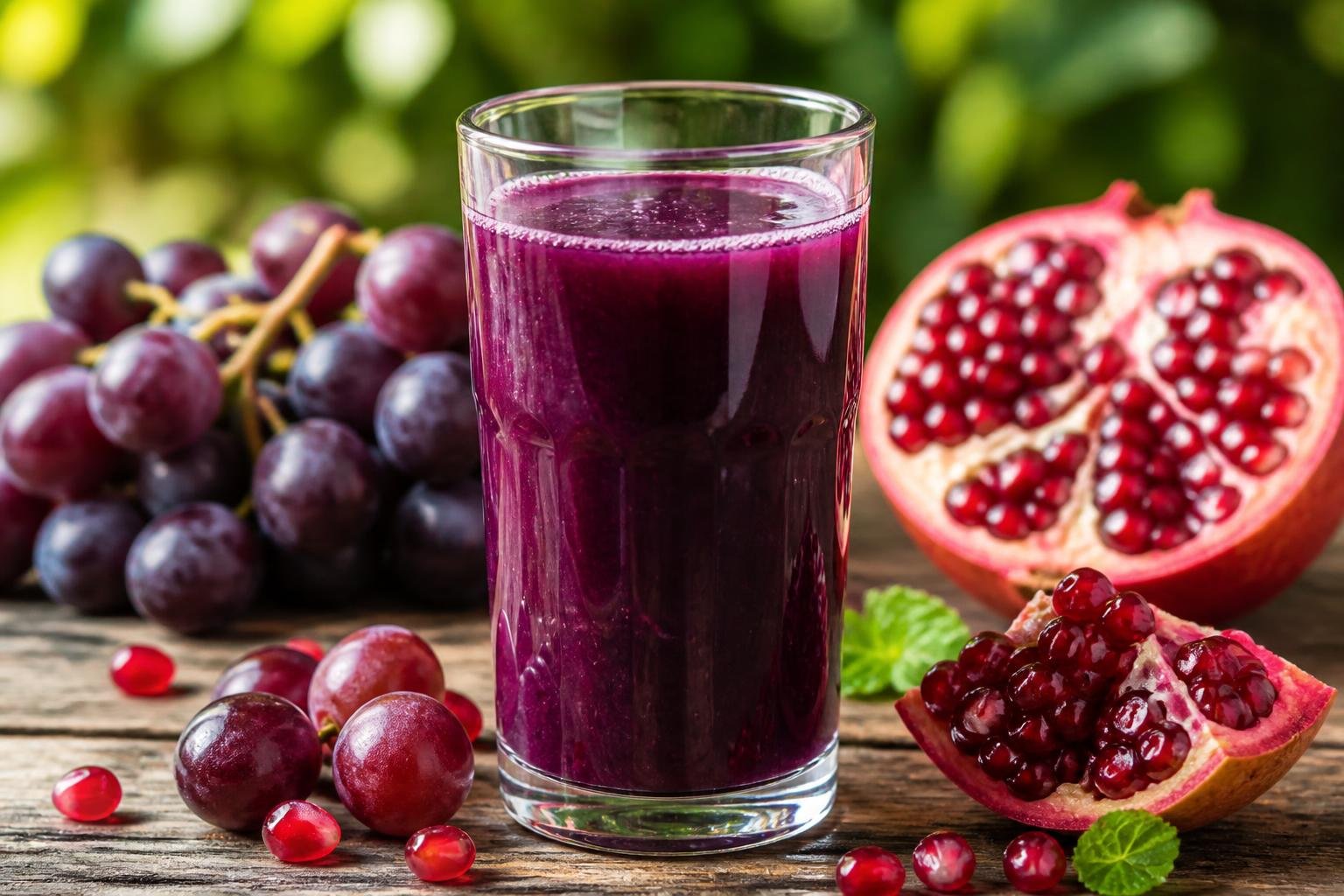 Copo de suco roxo com uvas e sementes de romã ao redor sobre uma mesa de madeira.