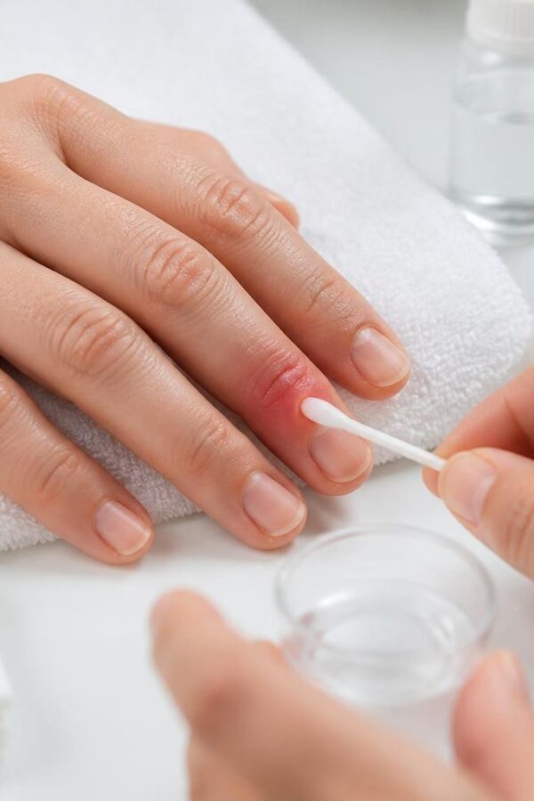 Mão recebendo cuidado para inflamação próxima à unha, com produtos médicos ao redor.
