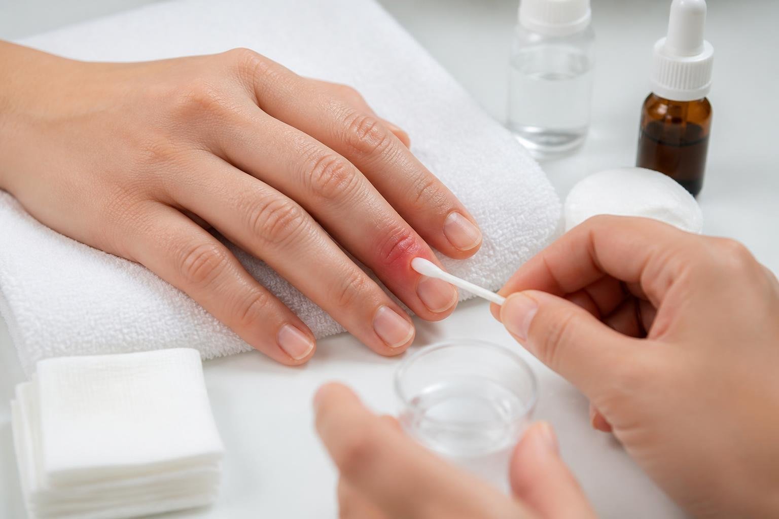 Mão recebendo cuidado para inflamação próxima à unha, com produtos médicos ao redor.