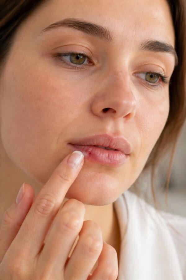 Mulher aplicando creme antiviral em um herpes labial no lábio, em um ambiente interno claro e tranquilo.