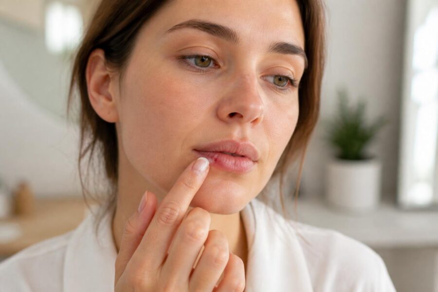 Mulher aplicando creme antiviral em um herpes labial no lábio, em um ambiente interno claro e tranquilo.