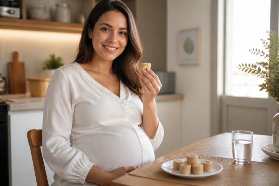 Mulher grávida sentada à mesa da cozinha segurando um pedaço de paçoca, sorrindo suavemente.