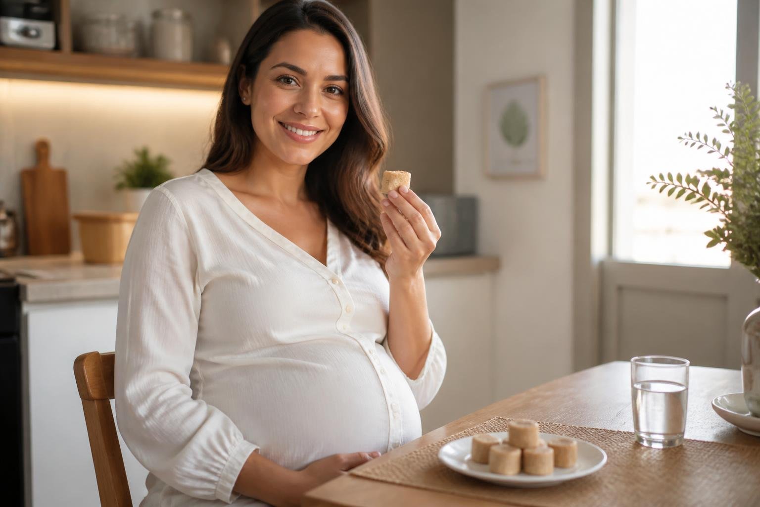 Mulher grávida sentada à mesa da cozinha segurando um pedaço de paçoca, sorrindo suavemente.