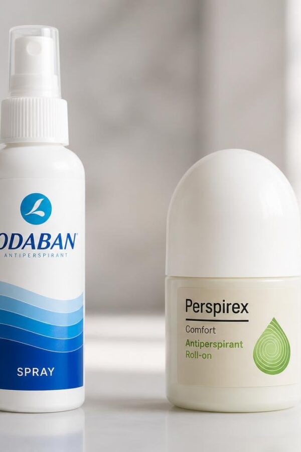 Dois desodorantes antitranspirantes, um spray Odaban e um roll-on Perspirex, lado a lado sobre uma superfície branca.
