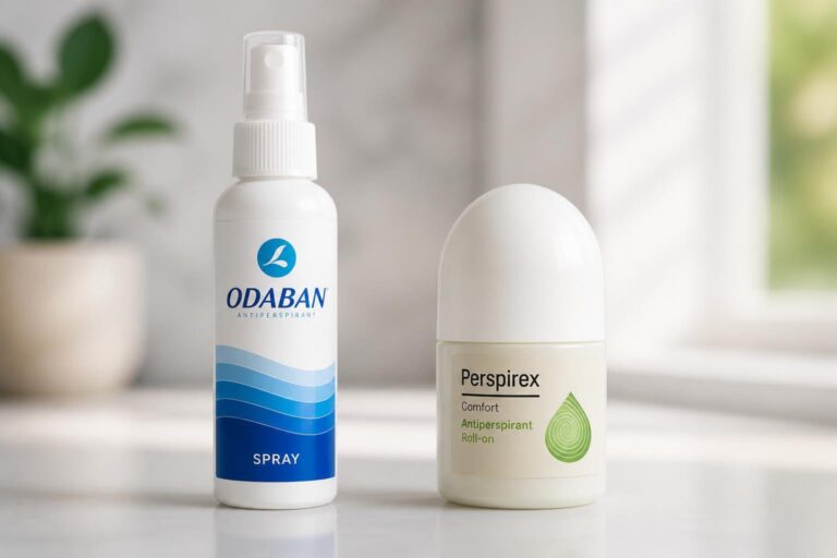 Dois desodorantes antitranspirantes, um spray Odaban e um roll-on Perspirex, lado a lado sobre uma superfície branca.
