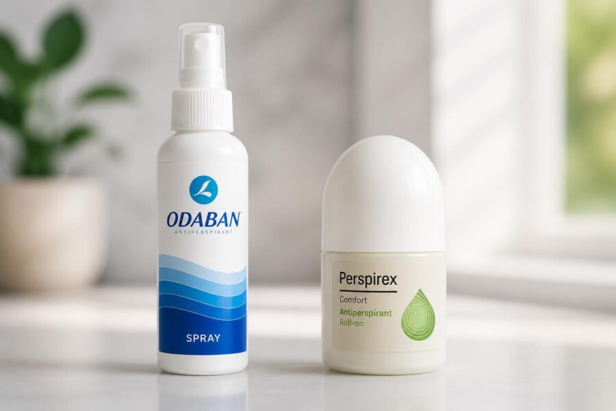 Dois desodorantes antitranspirantes, um spray Odaban e um roll-on Perspirex, lado a lado sobre uma superfície branca.