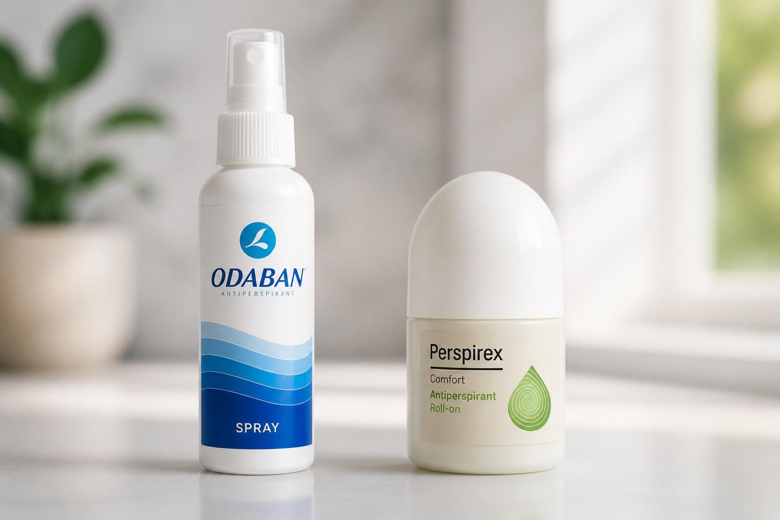 Dois desodorantes antitranspirantes, um spray Odaban e um roll-on Perspirex, lado a lado sobre uma superfície branca.