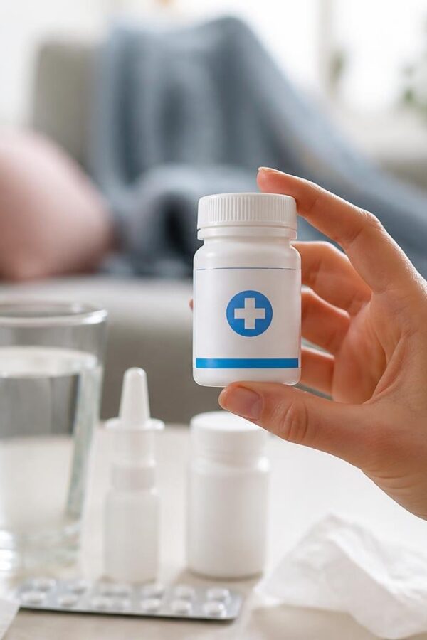 Mão segurando um frasco de remédio branco com itens para alívio de alergia ao redor.