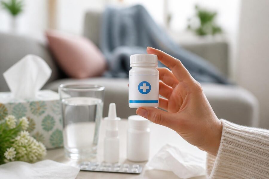 Mão segurando um frasco de remédio branco com itens para alívio de alergia ao redor.