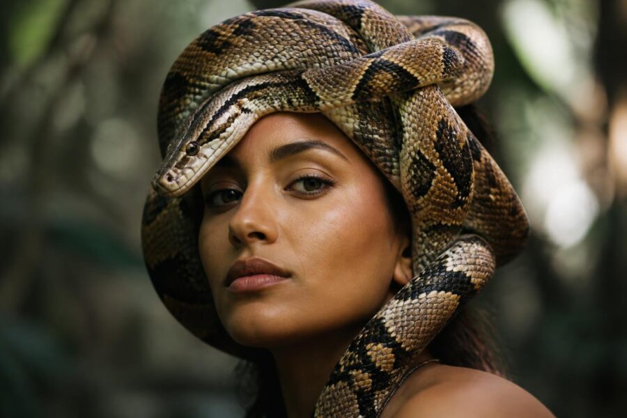 Pessoa com uma cobra enrolada na cabeça, em um ambiente neutro.