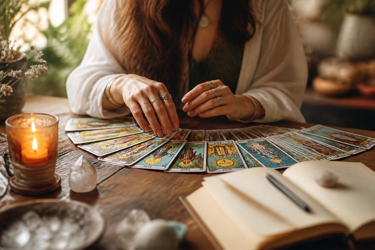 Mesa com cartas de tarô abertas, mãos sobre as cartas, vela acesa e cristal ao lado, em ambiente calmo e iluminado.