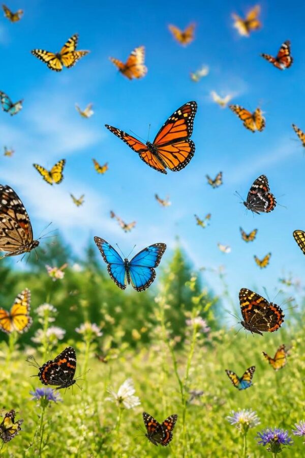 Um grande enxame de borboletas coloridas voando sobre um campo verde com flores e grama sob um céu azul claro.